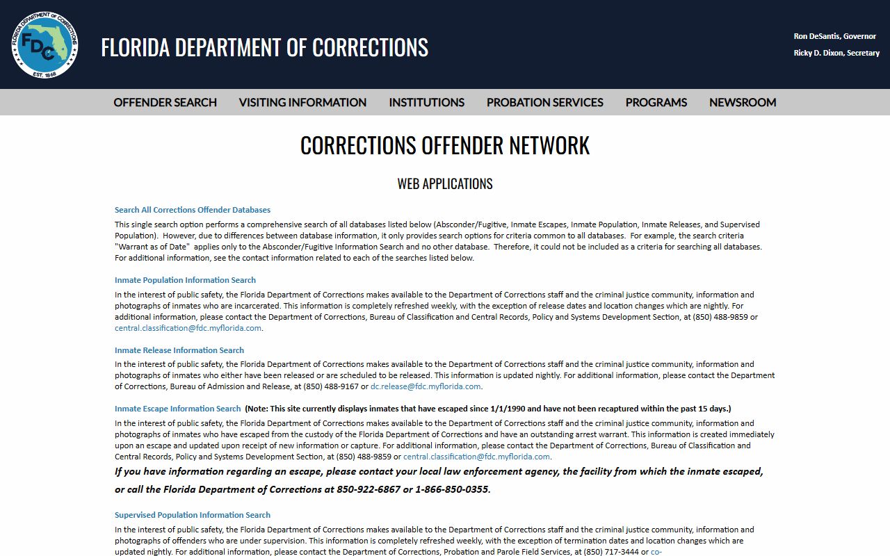 Florida Department of Corrections Offender Search menu for sentenced state inmate lookup