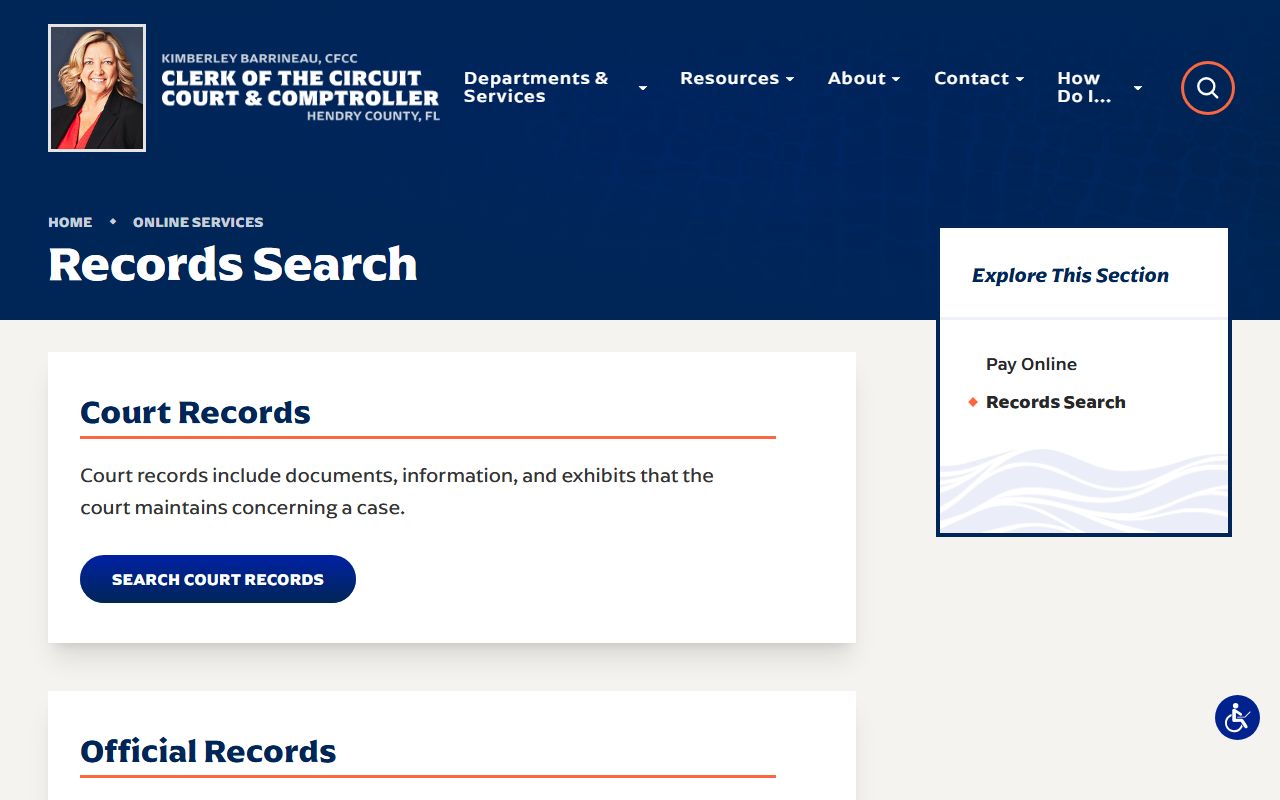 Hendry County Clerk records search page for court records after an arrest
