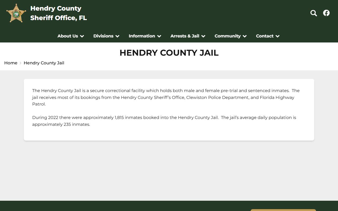Hendry County Jail page showing inmate booking and population figures