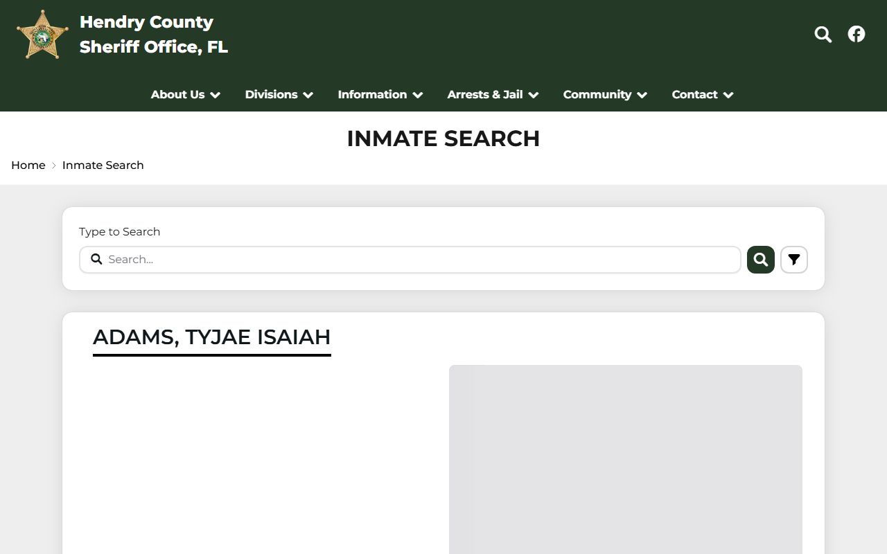 Hendry County jail roster cards showing inmate names, booking photos, and status links