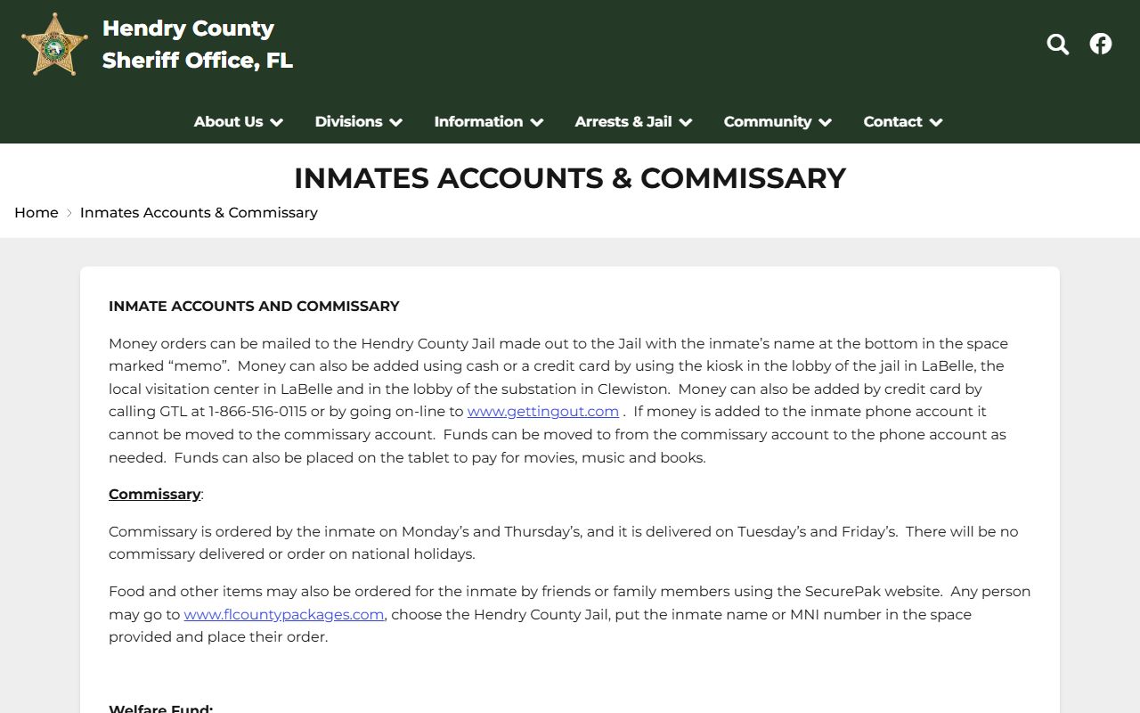 Hendry County Jail inmate accounts and commissary page with deposit channels