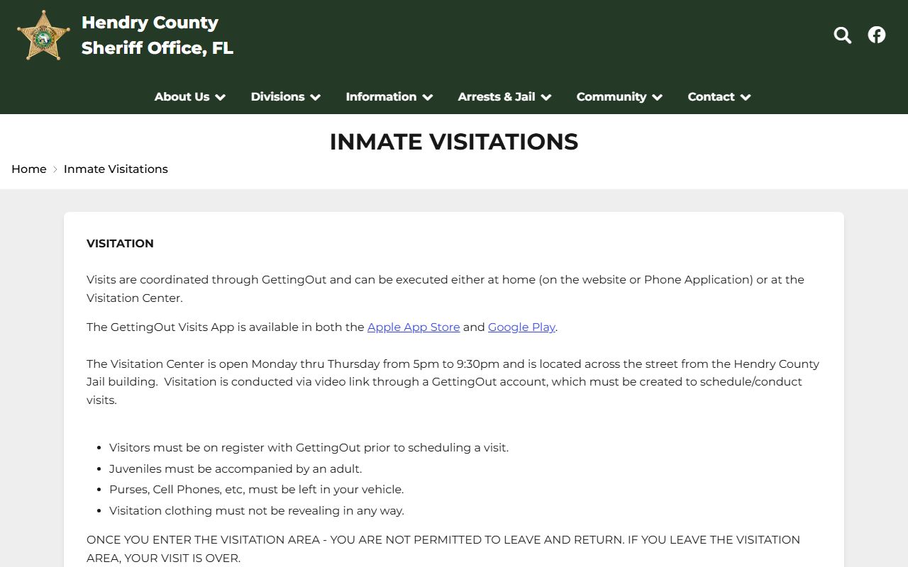 Hendry County Jail inmate visitation page with GettingOut schedule and visitor rules