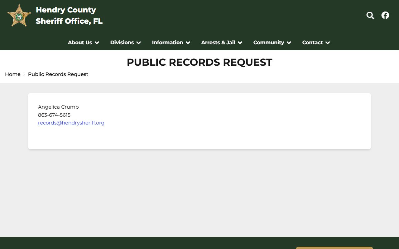 Hendry County sheriff public records request page for requesting a booking photo